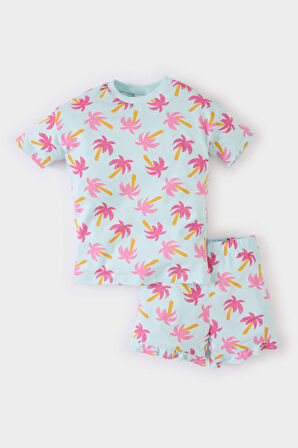 DeFacto Kız Bebek 2'li Takım Palmiye Desenli Kısa Kollu Tişört Beli Lastikli Şort E0689A525SMBE495