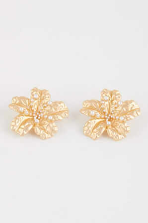 Kadın Çiçek Motifli İncili Mat Gold Küpe