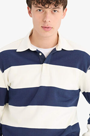 Relax Fit Polo Yaka Çizgili Kalın Sweatshirt