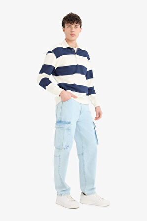Relax Fit Polo Yaka Çizgili Kalın Sweatshirt
