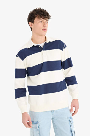 Relax Fit Polo Yaka Çizgili Kalın Sweatshirt