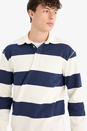 Relax Fit Polo Yaka Çizgili Kalın Sweatshirt