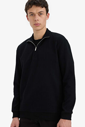 Comfort Fit Dik Yaka Waffle Sweatshirt