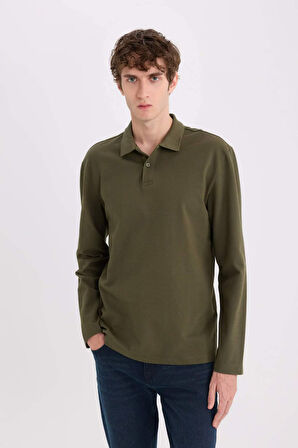 DeFacto %100 Pamuk New Regular Fit Polo Yaka Basic Düz Uzun Kollu Dokulu Pike Tişört D7530AX25SPKH438