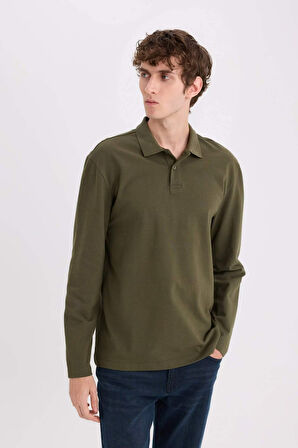 DeFacto %100 Pamuk New Regular Fit Polo Yaka Basic Düz Uzun Kollu Dokulu Pike Tişört D7530AX25SPKH438