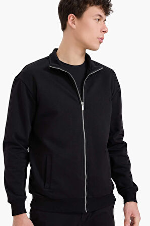 Comfort Fit Dik Yaka İçi Yumuşak Tüylü Kalın Sweatshirt Kumaşı Hırka