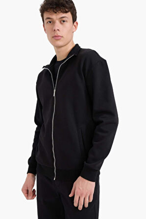 Comfort Fit Dik Yaka İçi Yumuşak Tüylü Kalın Sweatshirt Kumaşı Hırka
