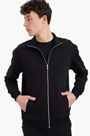 Comfort Fit Dik Yaka İçi Yumuşak Tüylü Kalın Sweatshirt Kumaşı Hırka