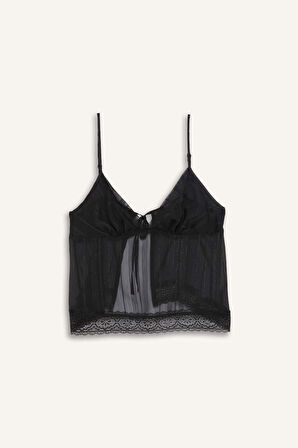 DeFacto Fall in Love Tül Pijama Takım Askılı Dantelli Üst Esnek Belli Uzun Alt D8684AX24WNBK27