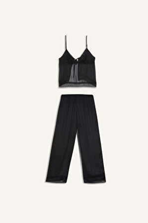 DeFacto Fall in Love Tül Pijama Takım Askılı Dantelli Üst Esnek Belli Uzun Alt D8684AX24WNBK27