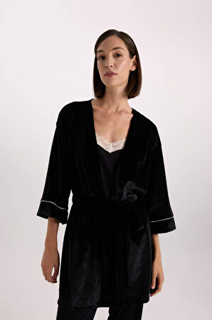 Fall in Love Regular Fit Wrap Yaka Kadife Yarım Kol Sabahlık