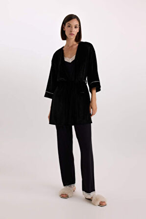 Fall in Love Regular Fit Wrap Yaka Kadife Yarım Kol Sabahlık