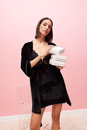 DeFacto Fall in Love Regular Fit Wrap Yaka Kadife Yarım Kol Sabahlık D6447AX24WNBK81