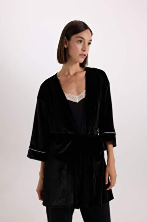 DeFacto Fall in Love Regular Fit Wrap Yaka Kadife Yarım Kol Sabahlık D6447AX24WNBK81