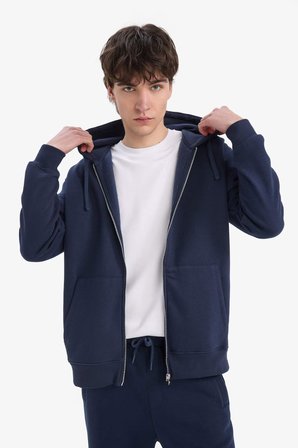 DeFacto Comfort Fit Kapüşonlu İçi Yumuşak Tüylü Basic Düz Kalın Fermuarlı Sweatshirt D7599AX25SPNV135