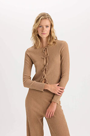 DeFacto Bisiklet Yaka Basic Düz Bürümcük Uzun Kollu Önden Bağlamalı Hırka D6296AX24AUBG138