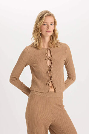 DeFacto Bisiklet Yaka Basic Düz Bürümcük Uzun Kollu Önden Bağlamalı Hırka D6296AX24AUBG138