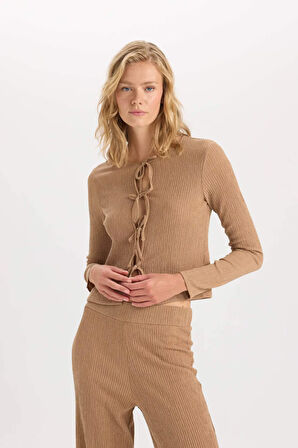 DeFacto Bisiklet Yaka Basic Düz Bürümcük Uzun Kollu Önden Bağlamalı Hırka D6296AX24AUBG138