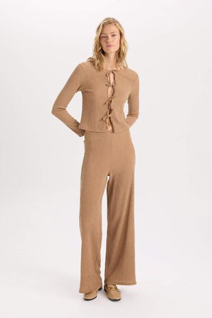 DeFacto Wide Leg Beli Lastikli Basıc Bürümcük Pantolon D6300AX24AUBG138