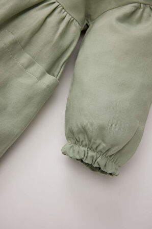 Kız Bebek Büyük Yaka Nakışlı Uzun Kollu Cepli Twill Elbise