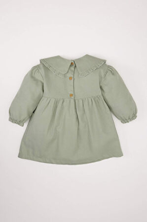 Kız Bebek Büyük Yaka Nakışlı Uzun Kollu Cepli Twill Elbise