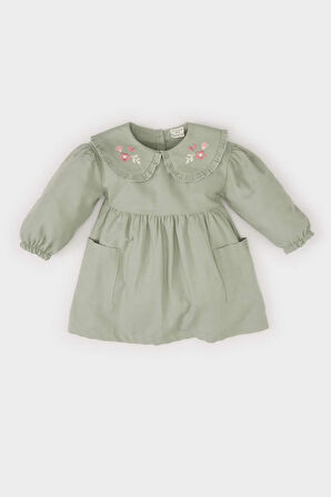 Kız Bebek Büyük Yaka Nakışlı Uzun Kollu Cepli Twill Elbise