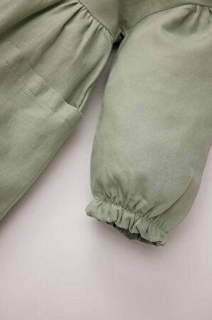 Kız Bebek Büyük Yaka Nakışlı Uzun Kollu Cepli Twill Elbise