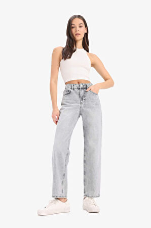 Straight Fit Yüksek Bel Kısa Paça Jean Yıkamalı Pantolon