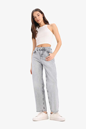 Straight Fit Yüksek Bel Kısa Paça Jean Yıkamalı Pantolon