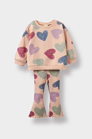 Kız Bebek 2'li Takım Kalp Desenli Sweatshirt İspanyol Paça Tayt
