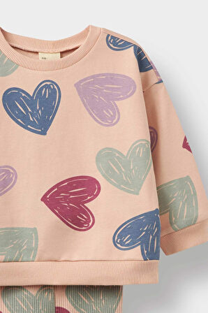 Kız Bebek 2'li Takım Kalp Desenli Sweatshirt İspanyol Paça Tayt