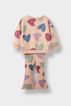 Kız Bebek 2'li Takım Kalp Desenli Sweatshirt İspanyol Paça Tayt