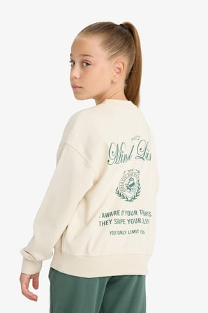 Kız Çocuk Relax Fit Bisiklet Yaka Sırt Baskılı Sweatshirt 