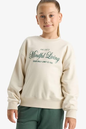 Kız Çocuk Relax Fit Bisiklet Yaka Sırt Baskılı Sweatshirt 