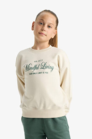Kız Çocuk Relax Fit Bisiklet Yaka Sırt Baskılı Sweatshirt 