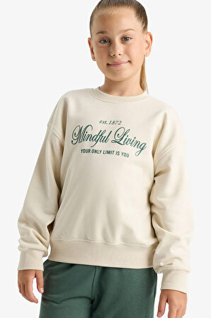 Kız Çocuk Relax Fit Bisiklet Yaka Sırt Baskılı Sweatshirt 