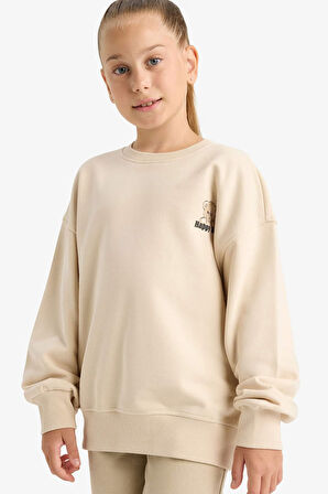 Kız Çocuk Oversize Geniş Kalıp Bisiklet Yaka Baskılı Sweatshirt