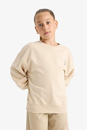 Kız Çocuk Oversize Geniş Kalıp Bisiklet Yaka Baskılı Sweatshirt