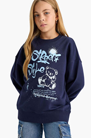 Kız Çocuk Oversize Geniş Kalıp Bisiklet Yaka Baskılı Sweatshirt