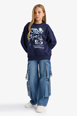 Kız Çocuk Oversize Geniş Kalıp Bisiklet Yaka Baskılı Sweatshirt