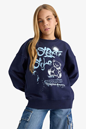 Kız Çocuk Oversize Geniş Kalıp Bisiklet Yaka Baskılı Sweatshirt