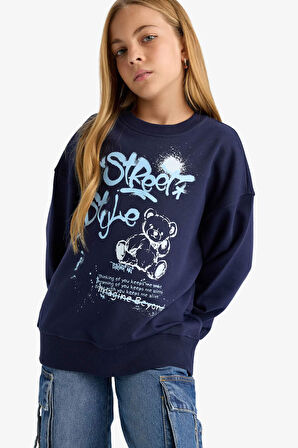 Kız Çocuk Oversize Geniş Kalıp Bisiklet Yaka Baskılı Sweatshirt