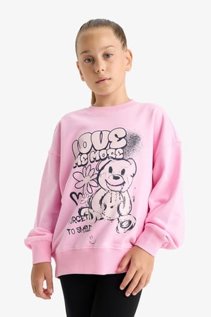 Kız Çocuk Oversize Geniş Kalıp Bisiklet Yaka Baskılı Sweatshirt