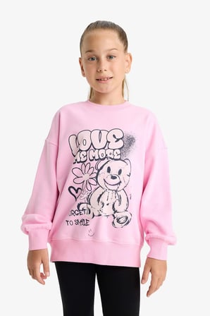 Kız Çocuk Oversize Geniş Kalıp Bisiklet Yaka Baskılı Sweatshirt