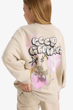 Kız Çocuk Oversize Geniş Kalıp Bisiklet Yaka Sırt Baskılı Sweatshirt