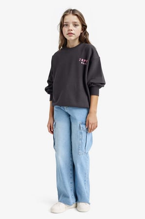 Kız Çocuk Oversize Geniş Kalıp Bisiklet Yaka Sırt Baskılı Sweatshirt