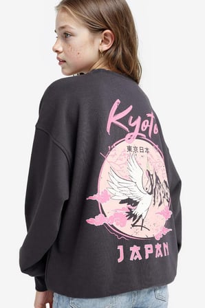 Kız Çocuk Oversize Geniş Kalıp Bisiklet Yaka Sırt Baskılı Sweatshirt