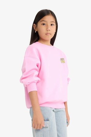 DeFacto Oversize Geniş Kalıp Bisiklet Yaka Sırt Baskılı İçi Yumuşak Tüylü Sweatshirt Kız Çocuk E6781A825WNPN666