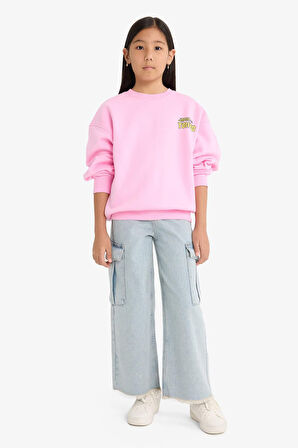 Kız Çocuk Oversize Geniş Kalıp Bisiklet Yaka Sırt Baskılı İçi Yumuşak Tüylü Sweatshirt 