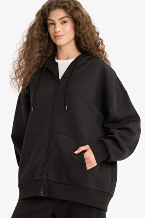 Defacto V4233AZBK81 Siyah Oversize Geniş Kalıp Kapüşonlu Fermuarlı Sweatshirt